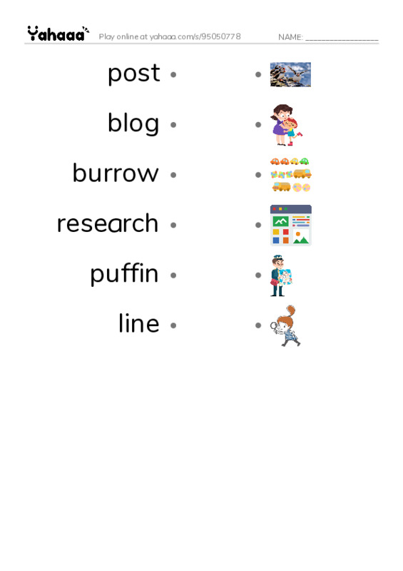 RAZ Vocabulary N: What Lives in This Hole PDF link match words worksheet