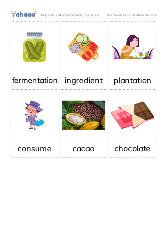 RAZ Vocabulary O: All About Chocolate PDF flaschards with images