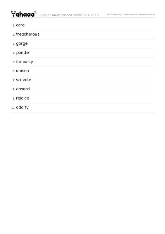 RAZ Vocabulary O: Anansi and the Talking Watermelon PDF words glossary