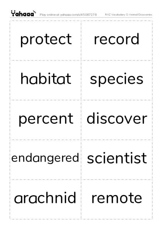 RAZ Vocabulary O: Animal Discoveries PDF two columns flashcards