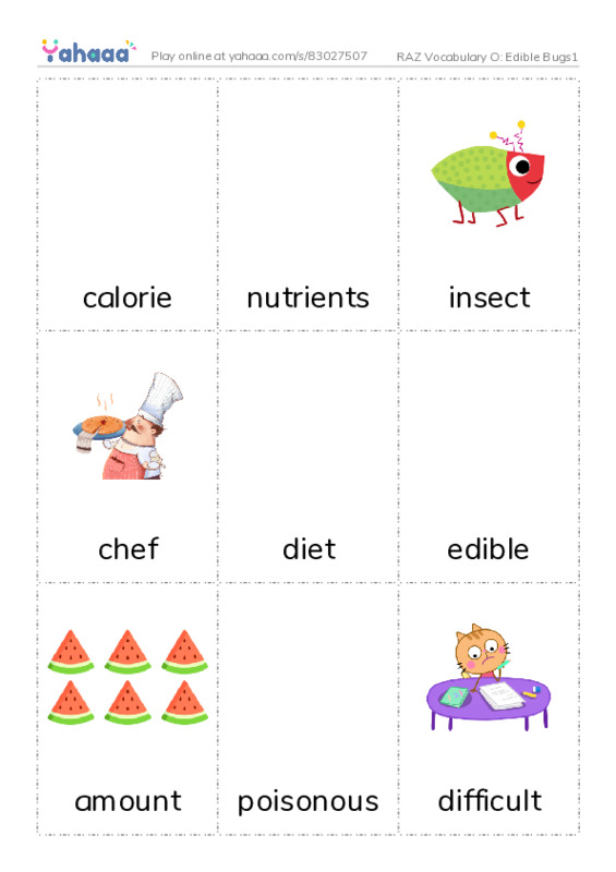 RAZ Vocabulary O: Edible Bugs1 PDF flaschards with images