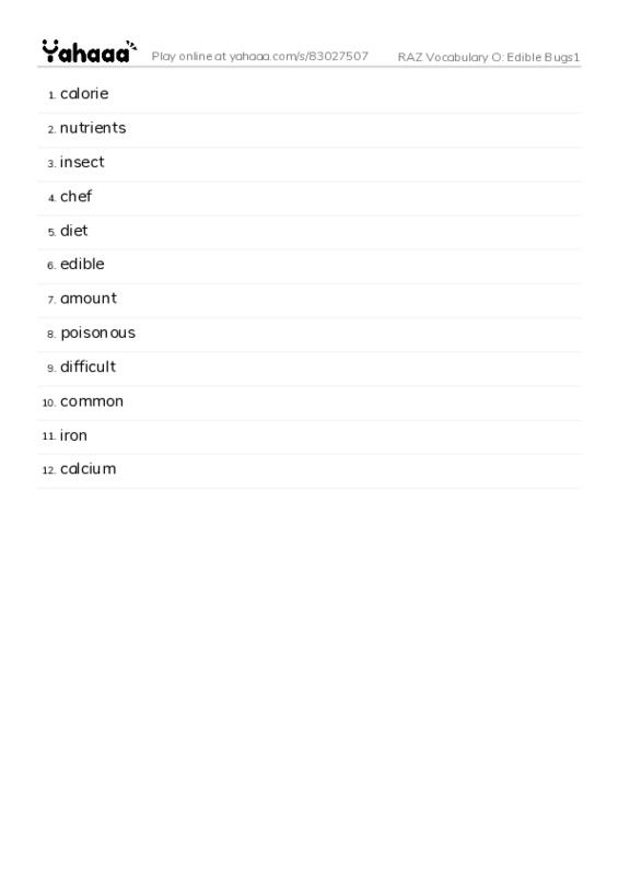 RAZ Vocabulary O: Edible Bugs1 PDF words glossary