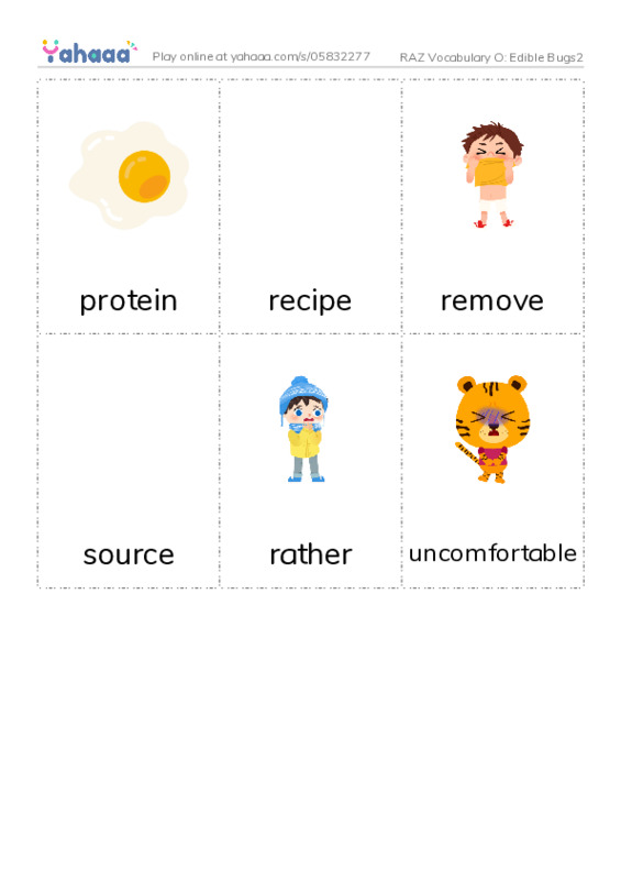 RAZ Vocabulary O: Edible Bugs2 PDF flaschards with images
