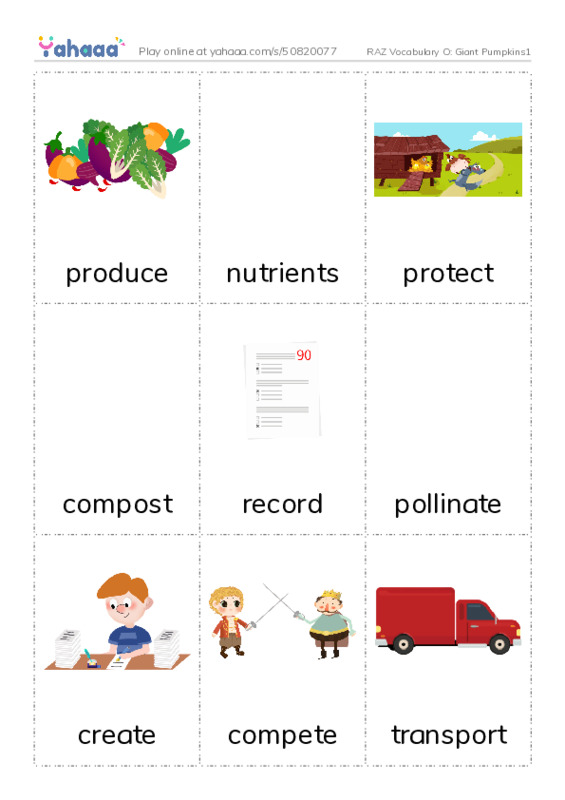 RAZ Vocabulary O: Giant Pumpkins1 PDF flaschards with images