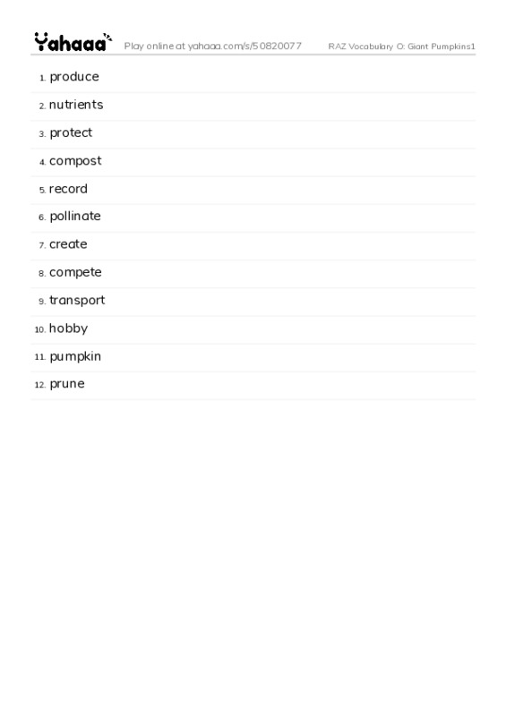 RAZ Vocabulary O: Giant Pumpkins1 PDF words glossary