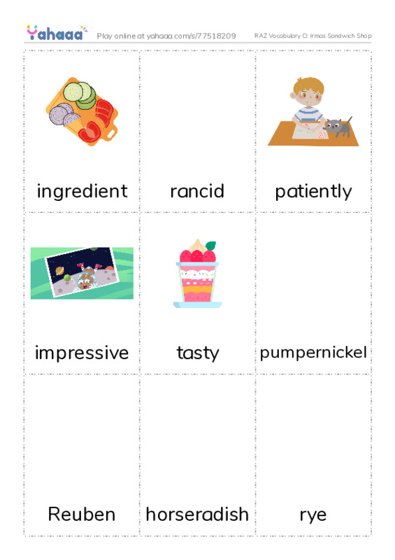 RAZ Vocabulary O: Irmas Sandwich Shop PDF flaschards with images