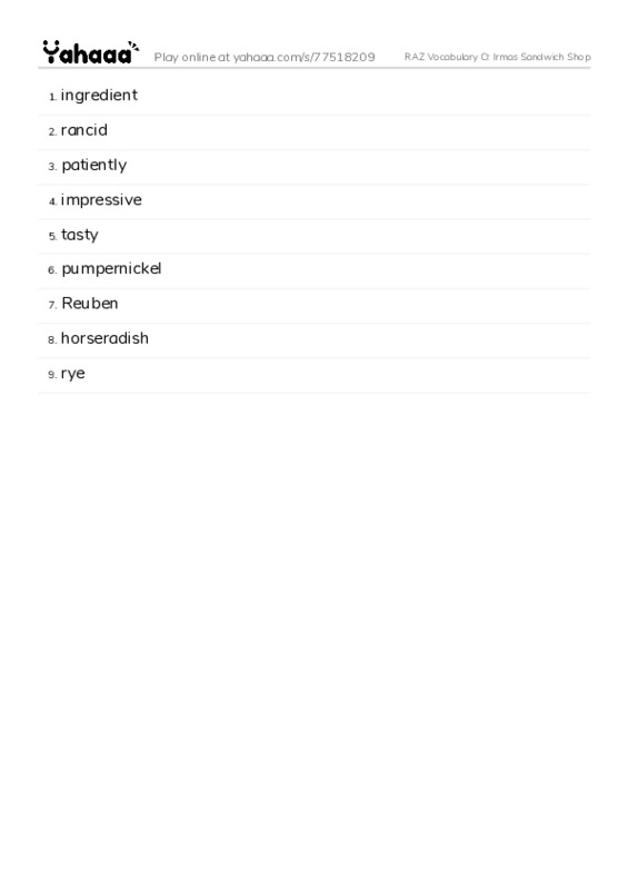 RAZ Vocabulary O: Irmas Sandwich Shop PDF words glossary