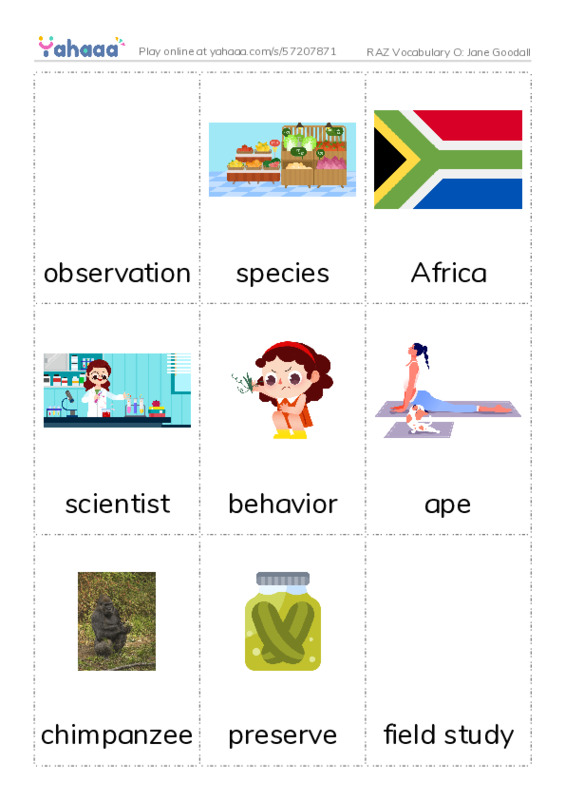 RAZ Vocabulary O: Jane Goodall PDF flaschards with images