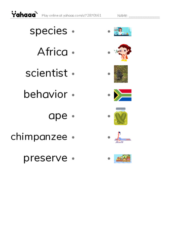 RAZ Vocabulary O: Jane Goodall PDF link match words worksheet