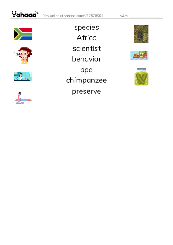 RAZ Vocabulary O: Jane Goodall PDF three columns match words