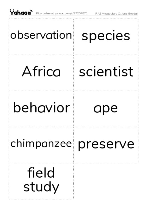 RAZ Vocabulary O: Jane Goodall PDF two columns flashcards