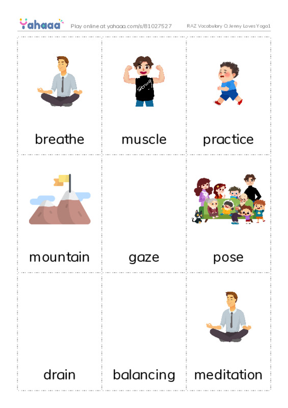 RAZ Vocabulary O: Jenny Loves Yoga1 PDF flaschards with images
