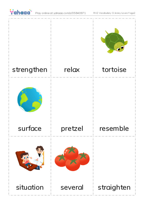 RAZ Vocabulary O: Jenny Loves Yoga2 PDF flaschards with images