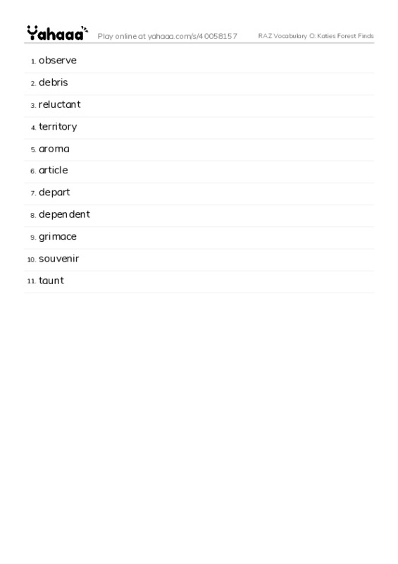 RAZ Vocabulary O: Katies Forest Finds PDF words glossary