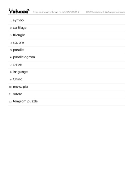 RAZ Vocabulary O: Lis Tangram Animals PDF words glossary