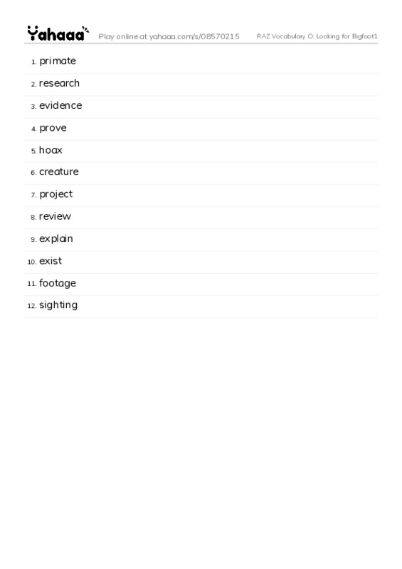 RAZ Vocabulary O: Looking for Bigfoot1 PDF words glossary
