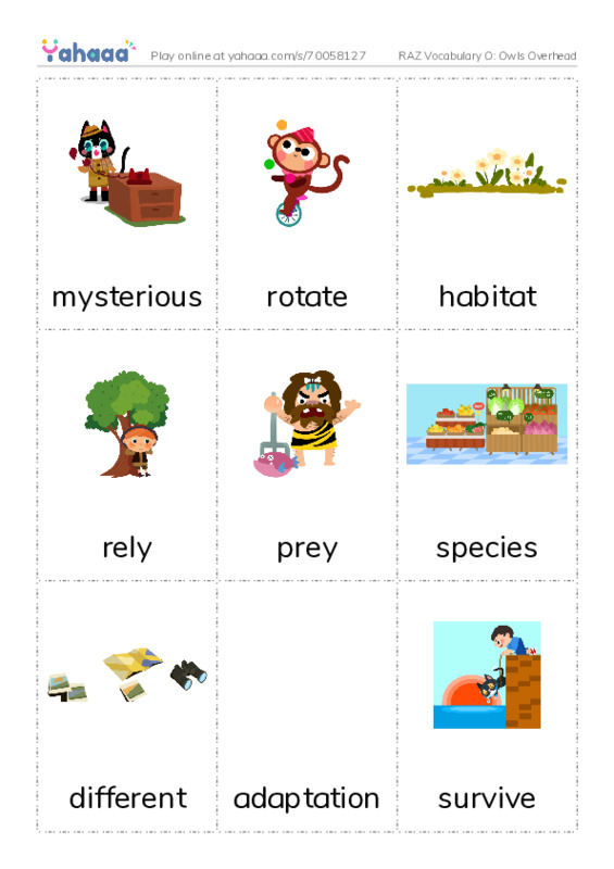 RAZ Vocabulary O: Owls Overhead PDF flaschards with images
