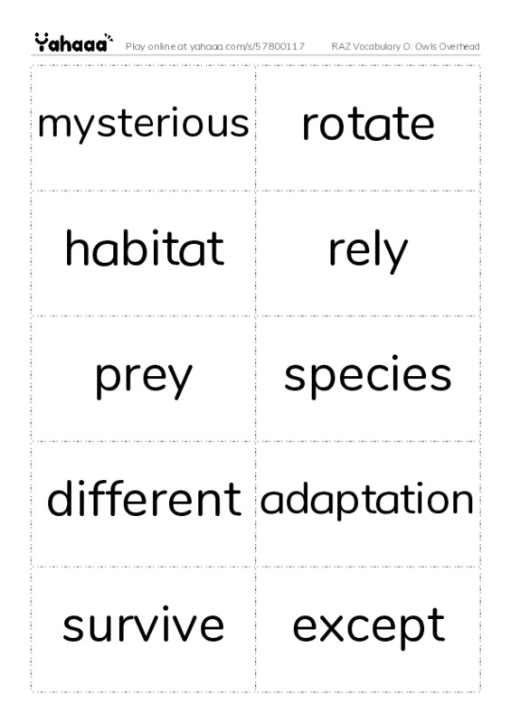 RAZ Vocabulary O: Owls Overhead PDF two columns flashcards
