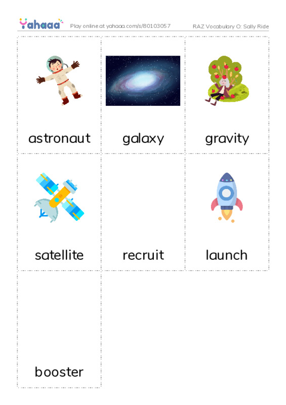 RAZ Vocabulary O: Sally Ride PDF flaschards with images