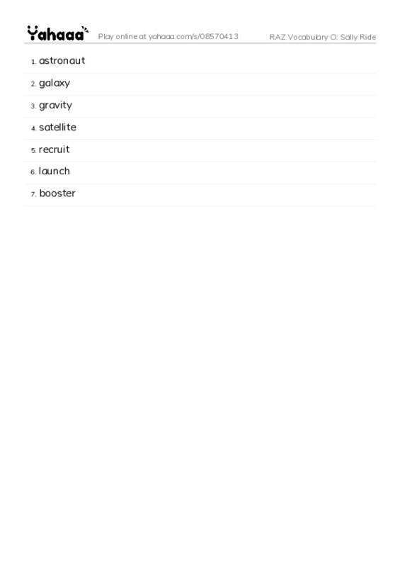 RAZ Vocabulary O: Sally Ride PDF words glossary