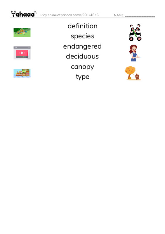 RAZ Vocabulary O: Woods of Wonder PDF three columns match words