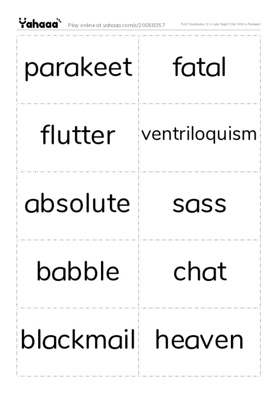 RAZ Vocabulary O: A Late Night Chat With a Parakeet PDF two columns flashcards