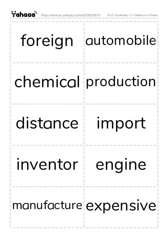 RAZ Vocabulary O: A Nation on Wheels PDF two columns flashcards