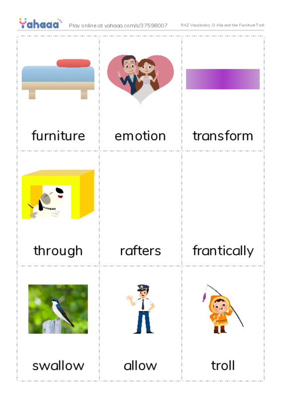 RAZ Vocabulary O: Alia and the Furniture Troll PDF flaschards with images