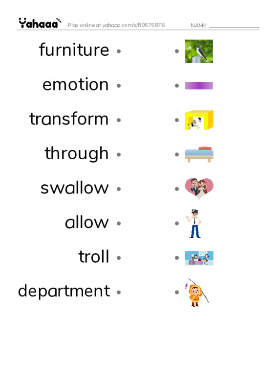 RAZ Vocabulary O: Alia and the Furniture Troll PDF link match words worksheet
