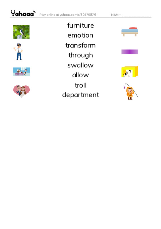RAZ Vocabulary O: Alia and the Furniture Troll PDF three columns match words