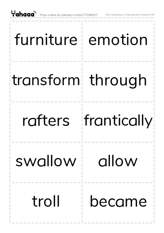 RAZ Vocabulary O: Alia and the Furniture Troll PDF two columns flashcards