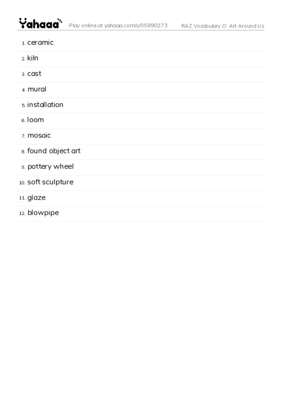 RAZ Vocabulary O: Art Around Us PDF words glossary