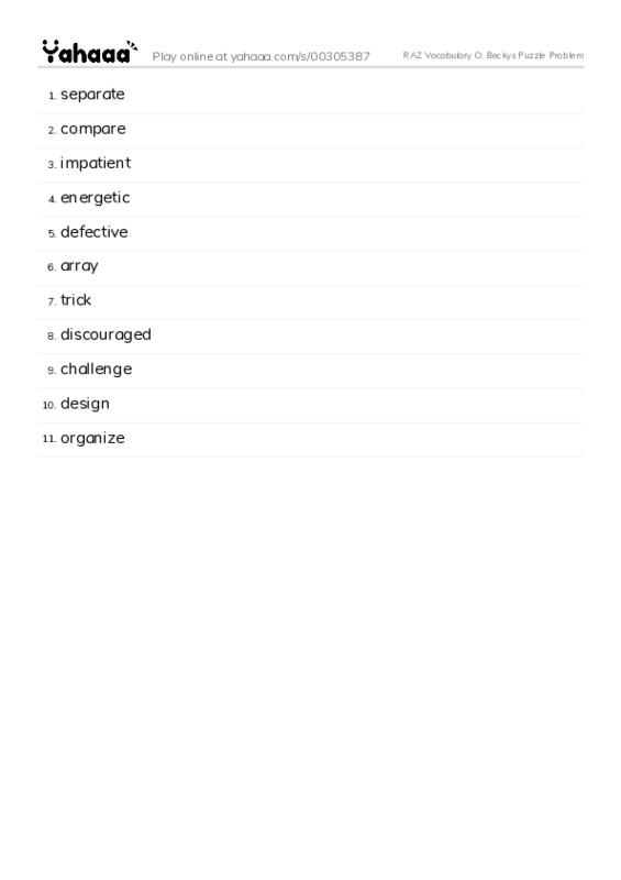 RAZ Vocabulary O: Beckys Puzzle Problem PDF words glossary
