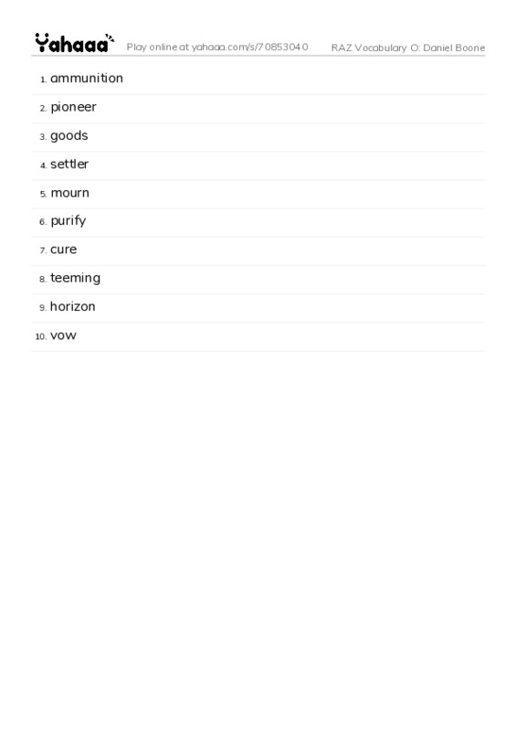 RAZ Vocabulary O: Daniel Boone PDF words glossary