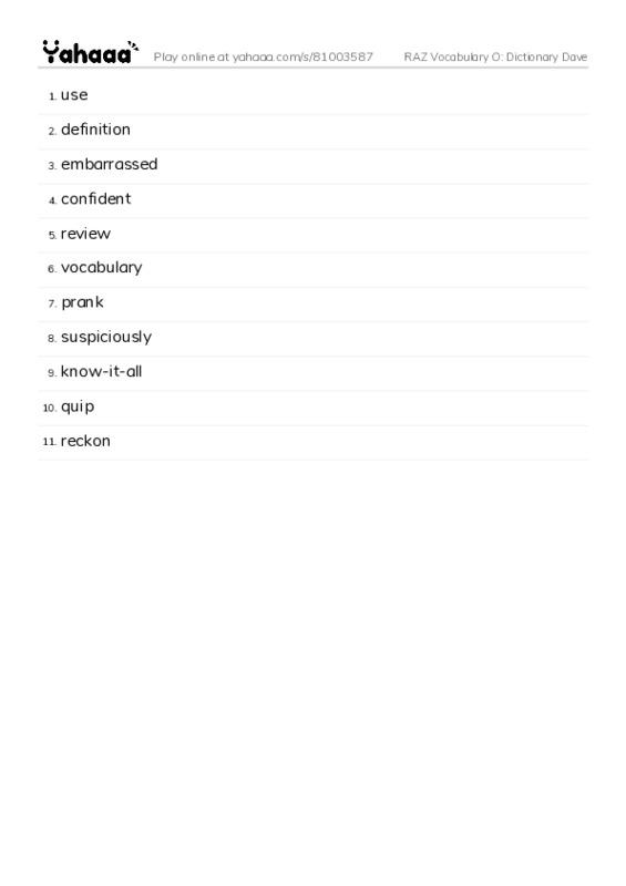 RAZ Vocabulary O: Dictionary Dave PDF words glossary