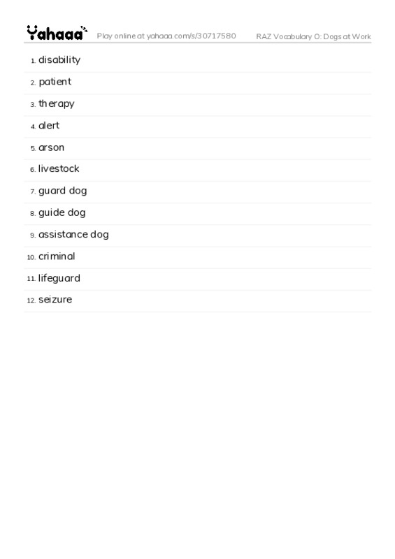 RAZ Vocabulary O: Dogs at Work PDF words glossary