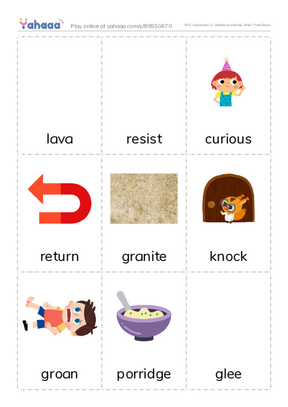 RAZ Vocabulary O: Goldilocks and the Other Three Bears PDF flaschards with images