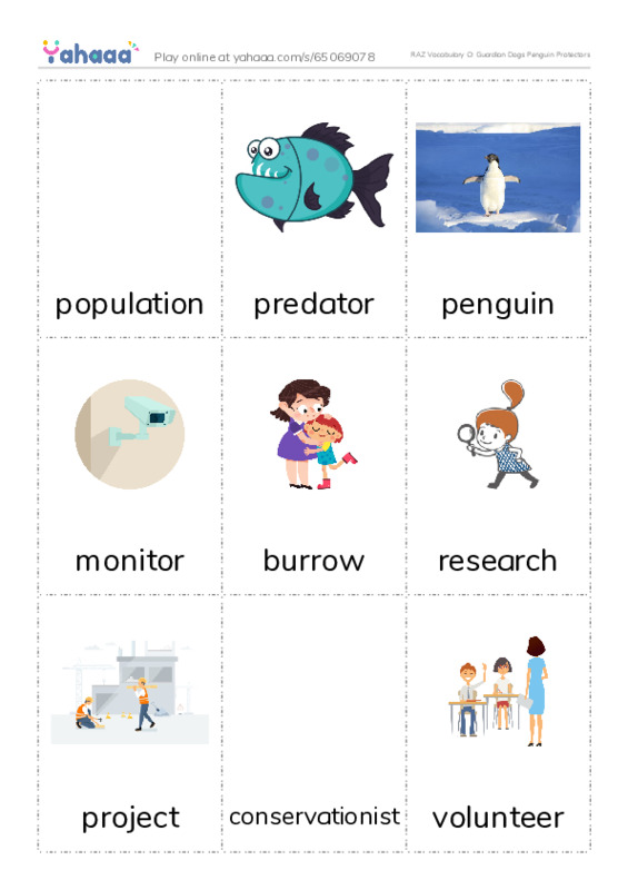 RAZ Vocabulary O: Guardian Dogs Penguin Protectors PDF flaschards with images