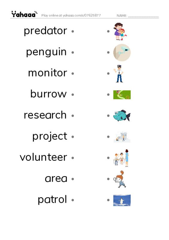 RAZ Vocabulary O: Guardian Dogs Penguin Protectors PDF link match words worksheet