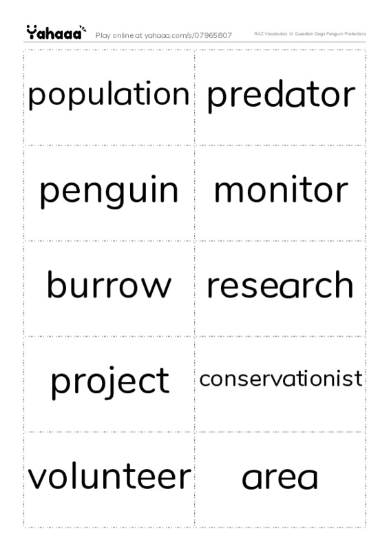 RAZ Vocabulary O: Guardian Dogs Penguin Protectors PDF two columns flashcards