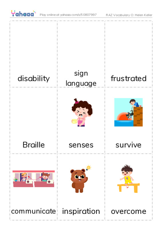 RAZ Vocabulary O: Helen Keller PDF flaschards with images