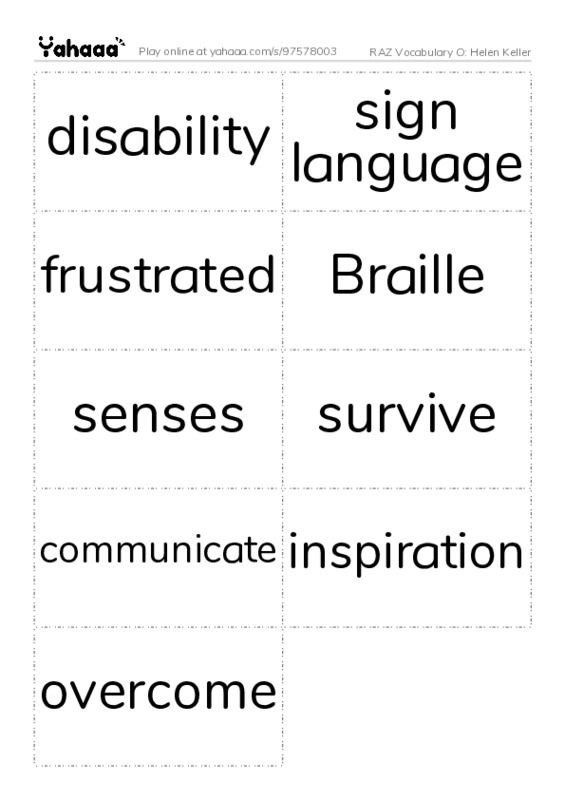 RAZ Vocabulary O: Helen Keller PDF two columns flashcards