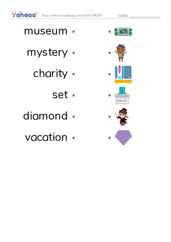 RAZ Vocabulary O: I Am the Hope Diamond PDF link match words worksheet