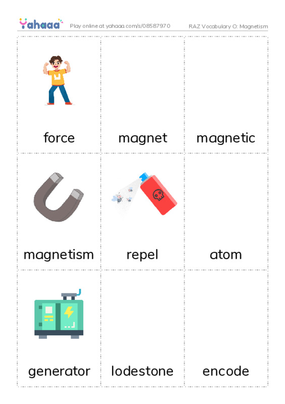 RAZ Vocabulary O: Magnetism PDF flaschards with images