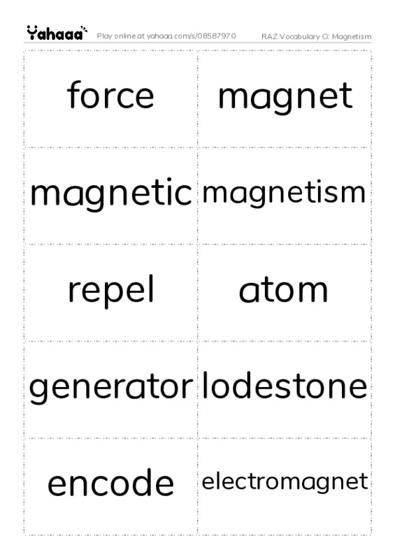RAZ Vocabulary O: Magnetism PDF two columns flashcards