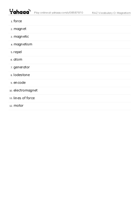 RAZ Vocabulary O: Magnetism PDF words glossary