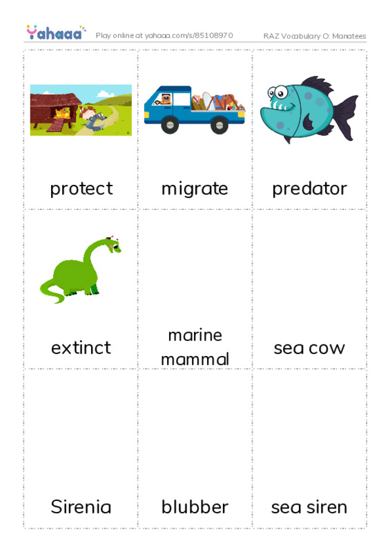 RAZ Vocabulary O: Manatees PDF flaschards with images