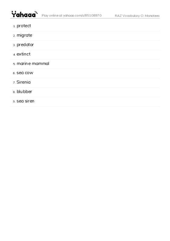 RAZ Vocabulary O: Manatees PDF words glossary