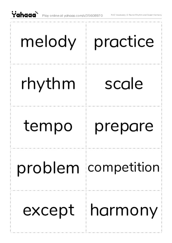 RAZ Vocabulary O: Rockin Rhythm and Sweet Harmony PDF two columns flashcards