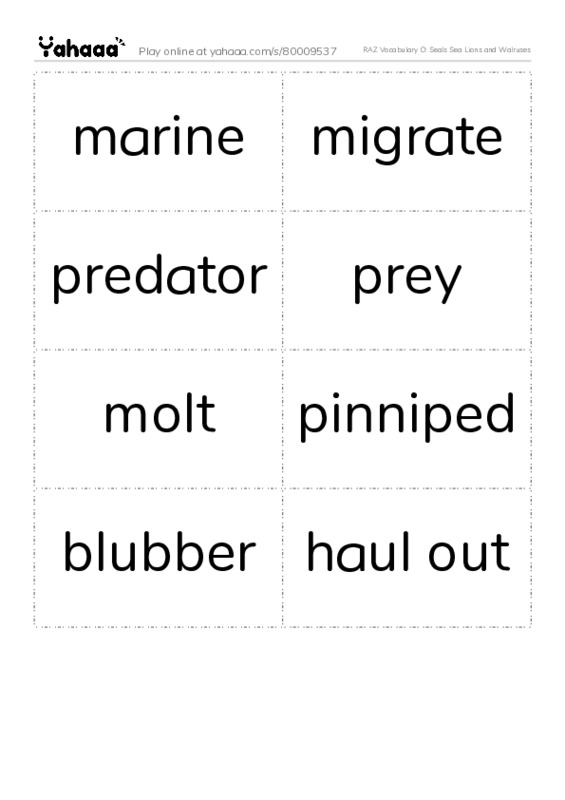 RAZ Vocabulary O: Seals Sea Lions and Walruses PDF two columns flashcards